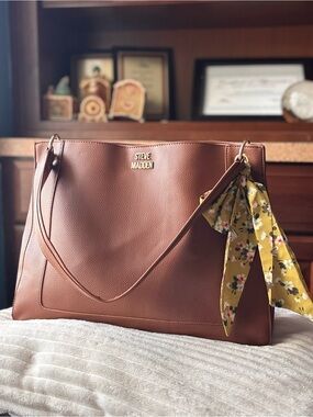 Steve Madden Brown Tote with Yellow Floral Scarf Accent